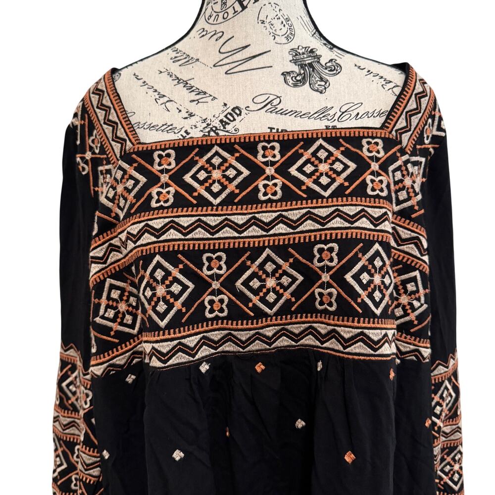 Savanna Jane Womens 2X Black Embroidered Peasant Top Boho Square Neck Rayon - Picture 9 of 11